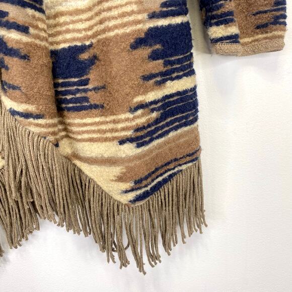 Lucky Brand Southwest Aztec Fringe Cardigan Sweater Sz L Brown Blue Open Front - Picture 6 of 9